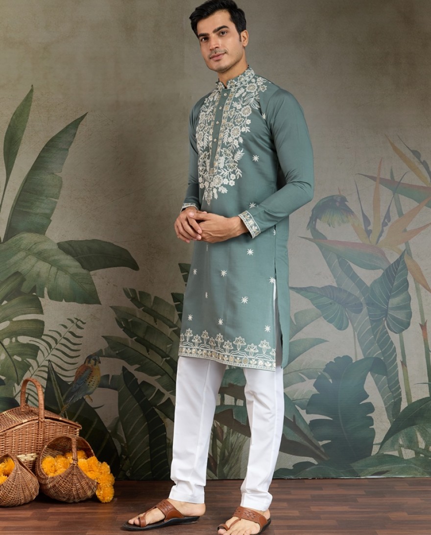 61323-green - Pista Green Thread & Sequence Hand Embroidered Men’s Kurta Set